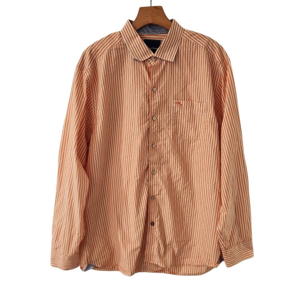 Tommy Bahama Button Down Oxford Shirt‎ Peach Orange Striped Mens Large